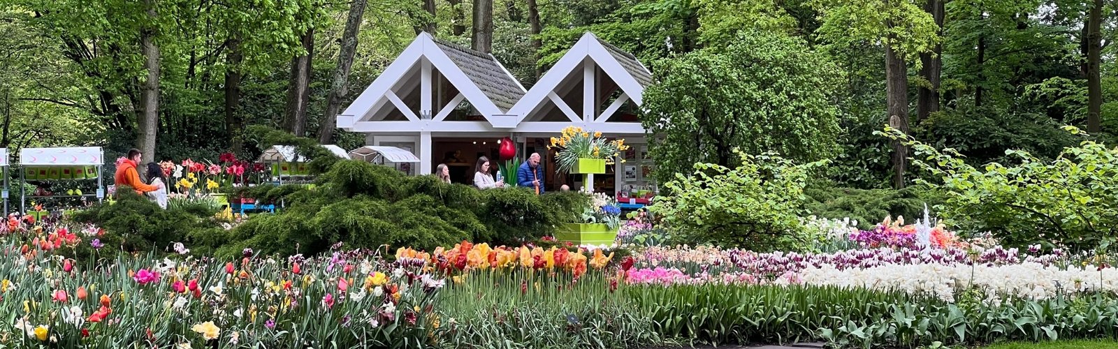 a group of people in front of a garden